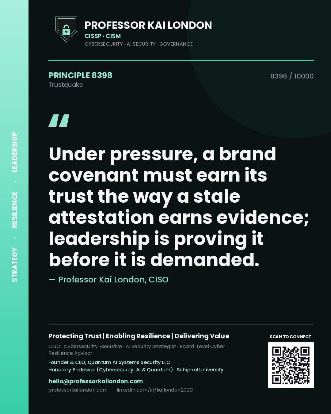 Quote card by Professor Kai London reading 'Under pressure, a brand covenant must earn its trust the way a stale attestation earns evidence; leadership is proving it before it is demanded.'. From the book Trustquake.