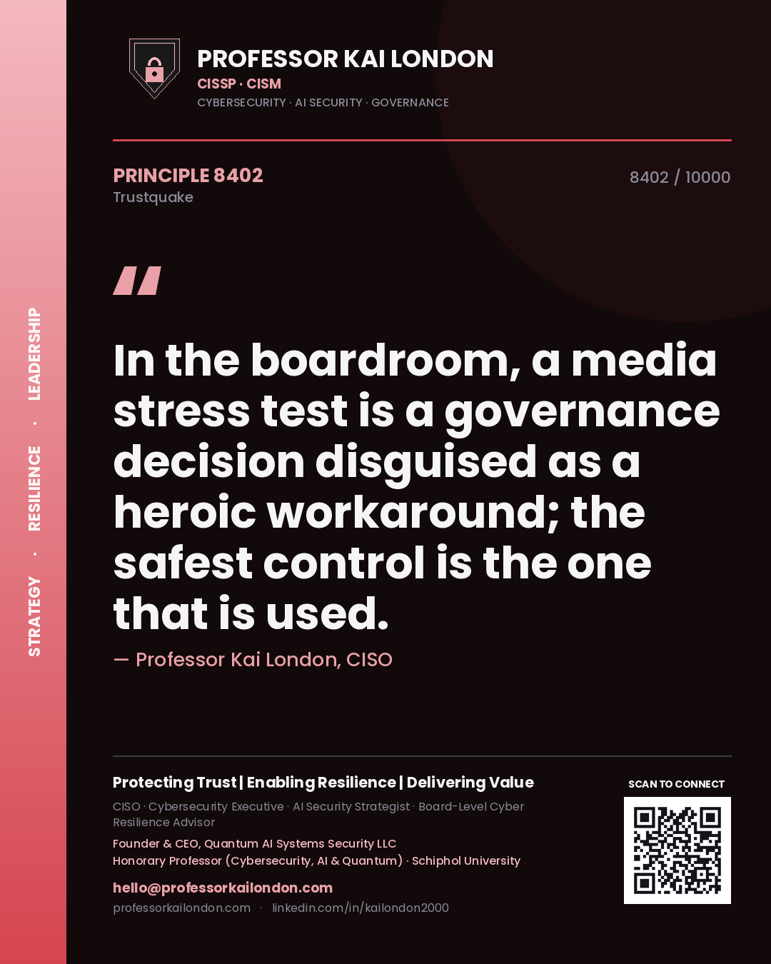 Professor Kai London principle 8402: In the boardroom, a media stress test is a governance decision disguised as a heroic workaround; the safest control is the one that is used.
