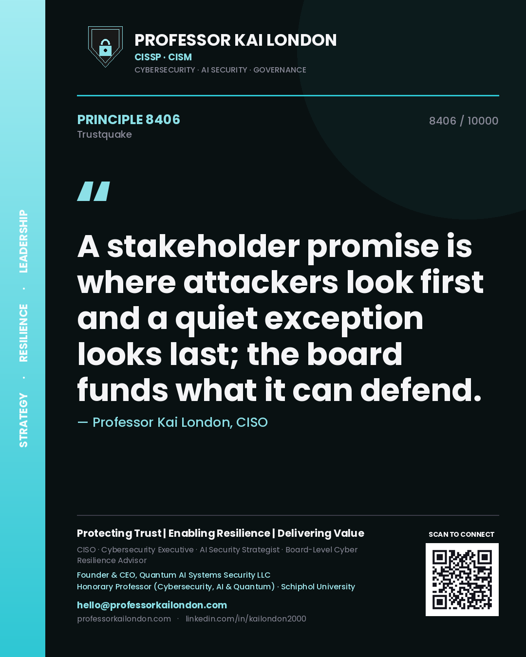 Quote card by Professor Kai London reading 'A stakeholder promise is where attackers look first and a quiet exception looks last; the board funds what it can defend.'. From the book Trustquake.