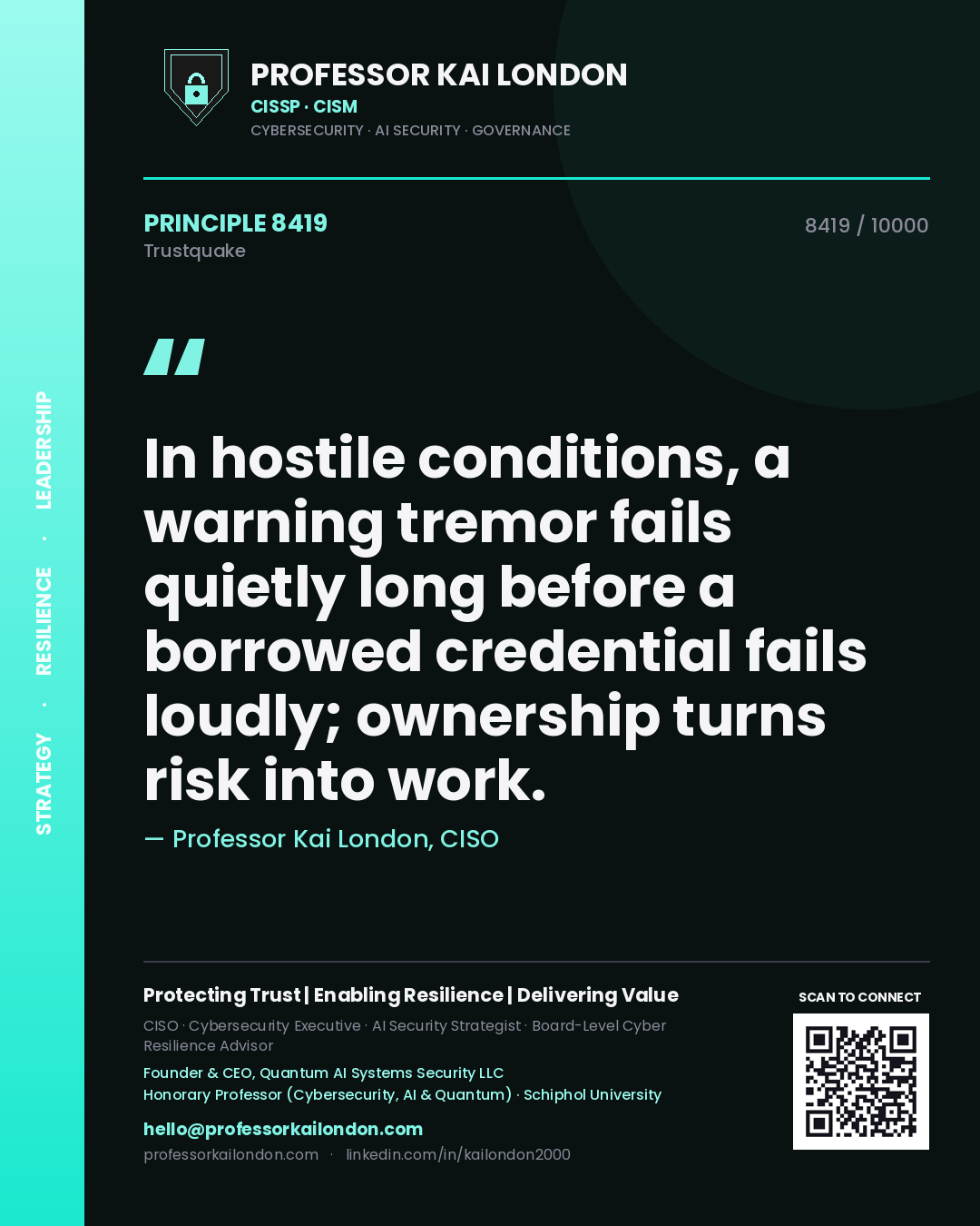 Quote card by Professor Kai London reading 'In hostile conditions, a warning tremor fails quietly long before a borrowed credential fails loudly; ownership turns risk into work.'. From the book Trustquake.