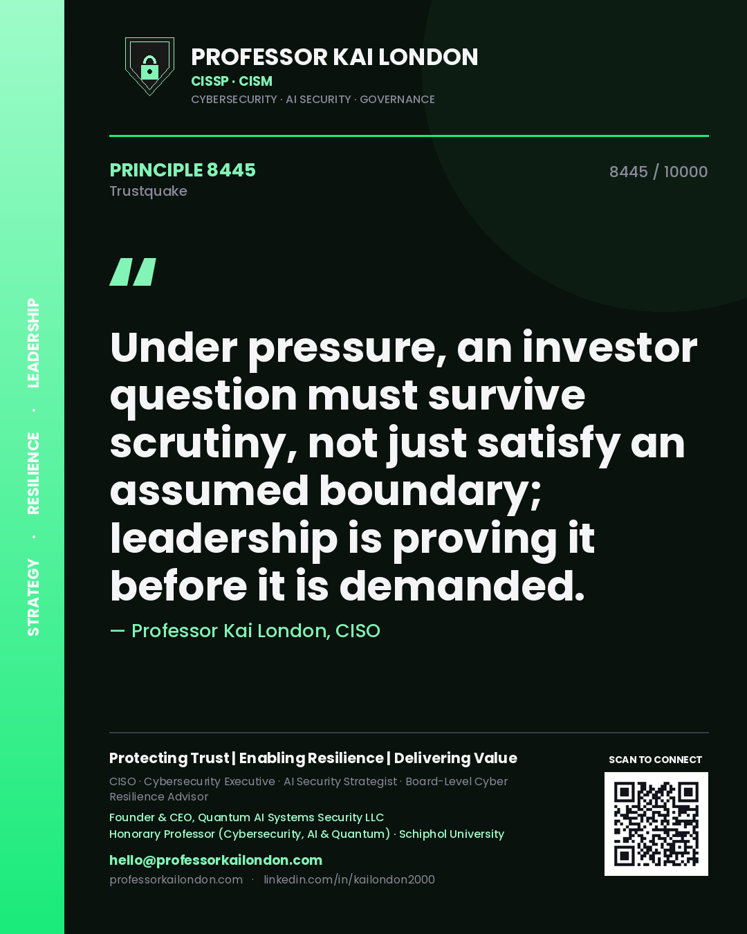 Quote card by Professor Kai London reading 'Under pressure, an investor question must survive scrutiny, not just satisfy an assumed boundary; leadership is proving it before it is demanded.'. From the book Trustquake.