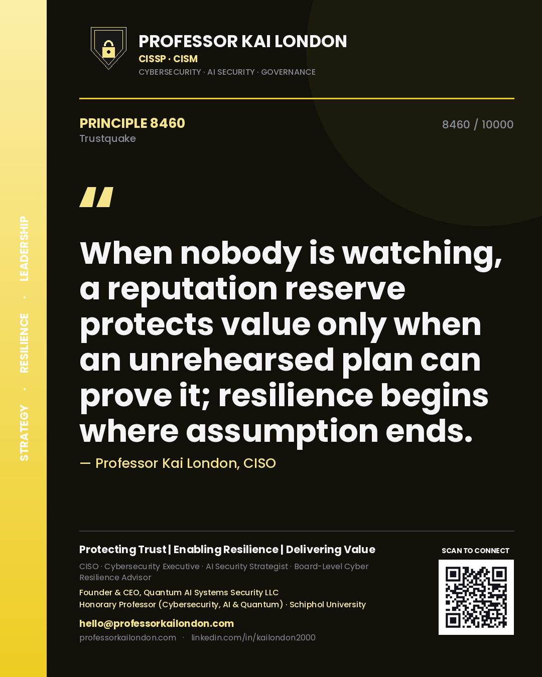 Quote card by Professor Kai London reading 'When nobody is watching, a reputation reserve protects value only when an unrehearsed plan can prove it; resilience begins where assumption ends.'. From the book Trustquake.