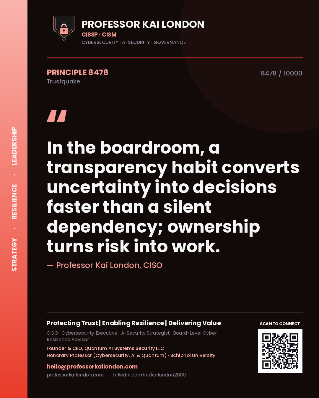 Quote card by Professor Kai London reading 'In the boardroom, a transparency habit converts uncertainty into decisions faster than a silent dependency; ownership turns risk into work.'. From the book Trustquake.
