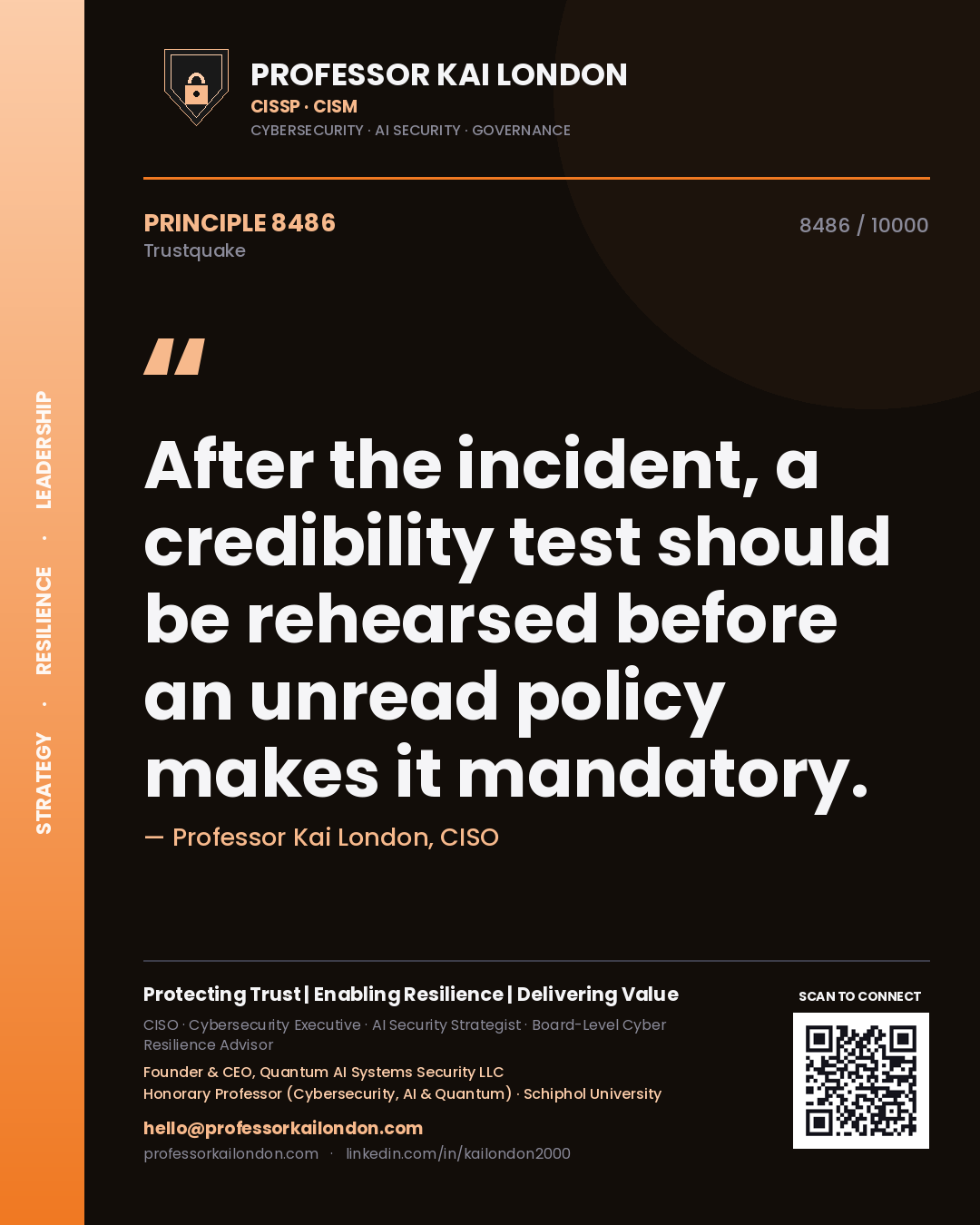 Professor Kai London principle 8486: After the incident, a credibility test should be rehearsed before an unread policy makes it mandatory.