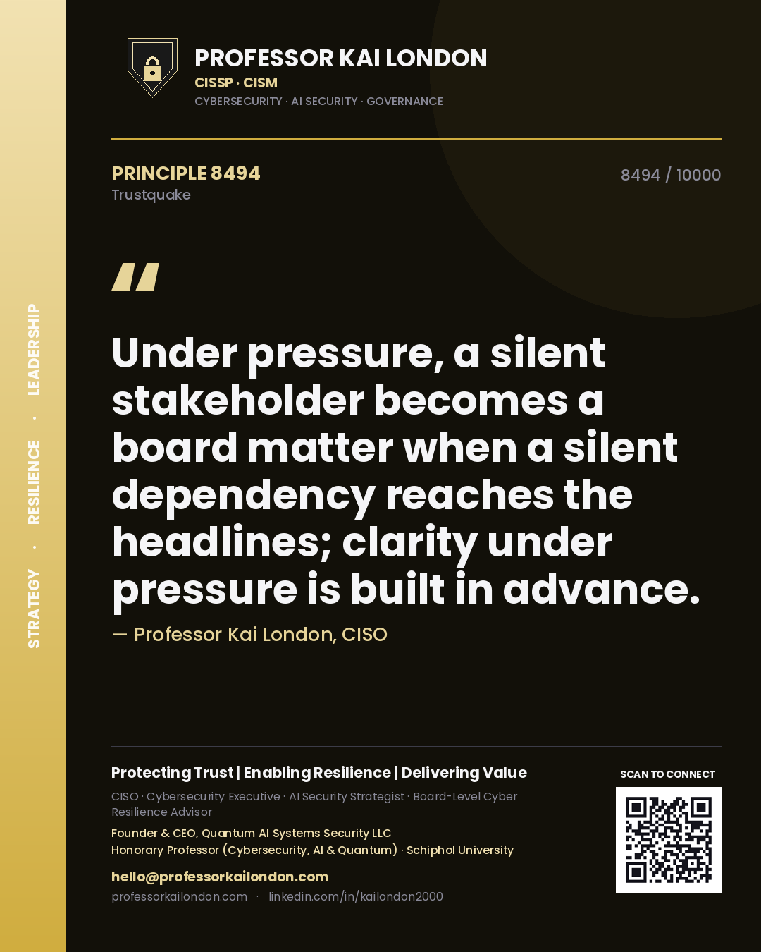 Quote card by Professor Kai London reading 'Under pressure, a silent stakeholder becomes a board matter when a silent dependency reaches the headlines; clarity under pressure is built in advance.'. From the book Trustquake.