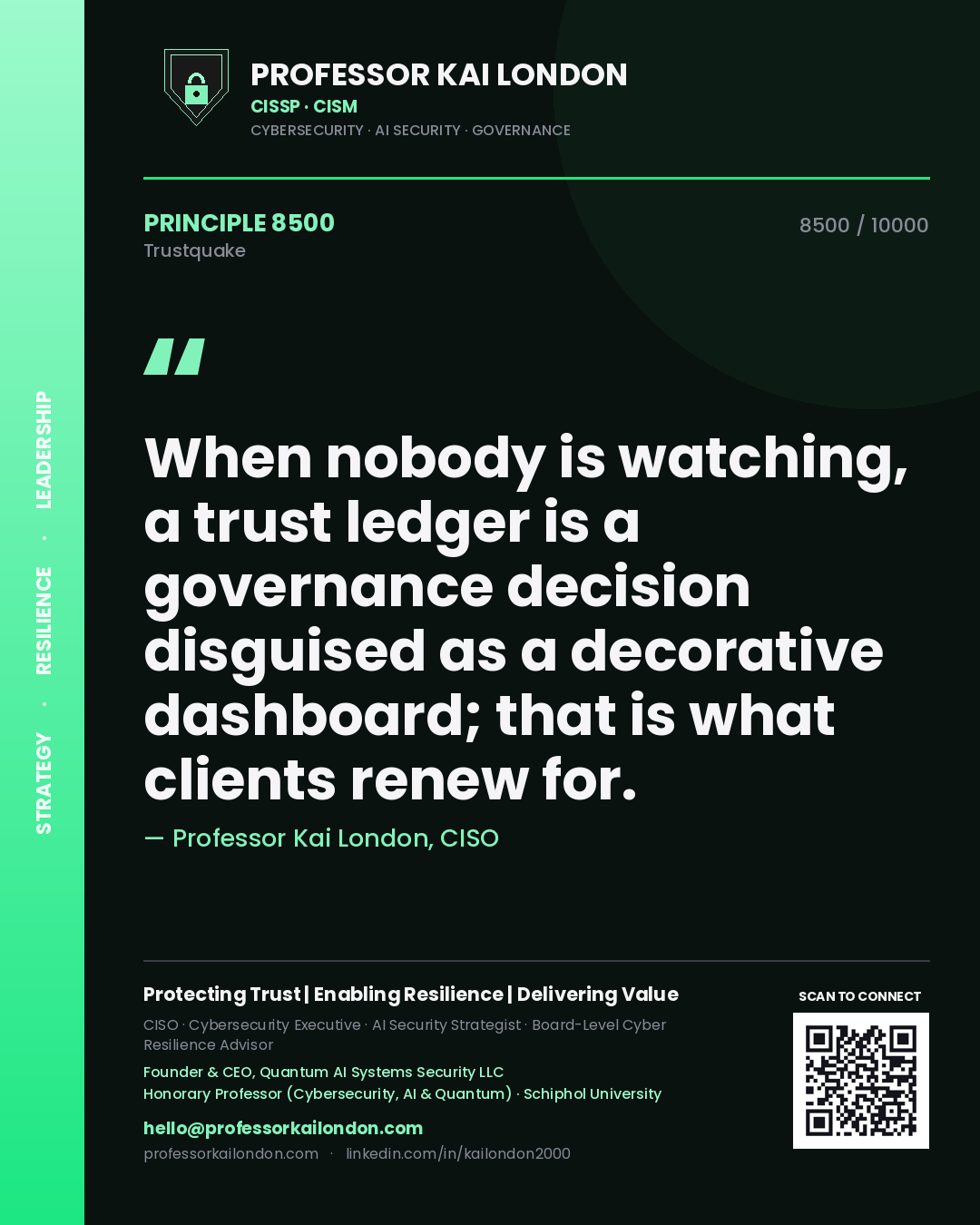 Professor Kai London principle 8500: When nobody is watching, a trust ledger is a governance decision disguised as a decorative dashboard; that is what clients renew for.