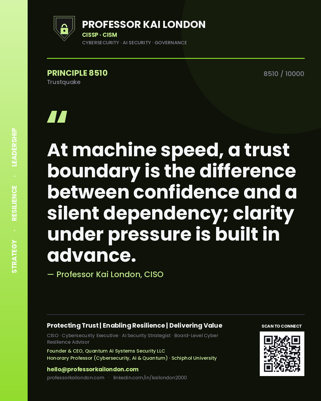 Professor Kai London principle 8510: At machine speed, a trust boundary is the difference between confidence and a silent dependency; clarity under pressure is built in advance.
