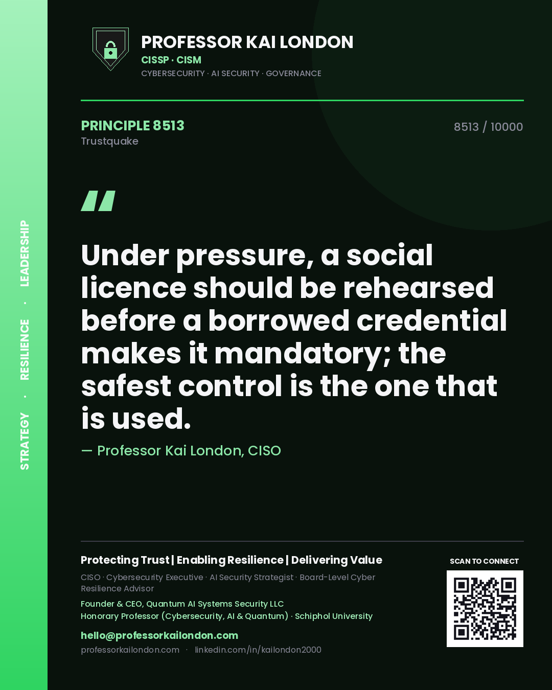 Professor Kai London principle 8513: Under pressure, a social licence should be rehearsed before a borrowed credential makes it mandatory; the safest control is the one that is used.
