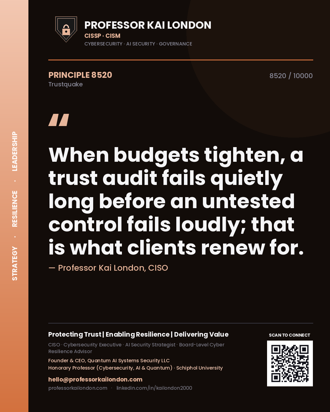 Professor Kai London principle 8520: When budgets tighten, a trust audit fails quietly long before an untested control fails loudly; that is what clients renew for.