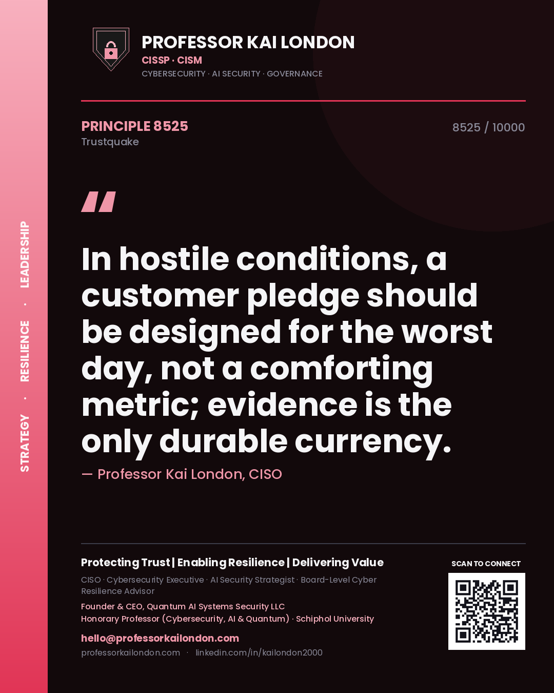 Professor Kai London principle 8525: In hostile conditions, a customer pledge should be designed for the worst day, not a comforting metric; evidence is the only durable currency.