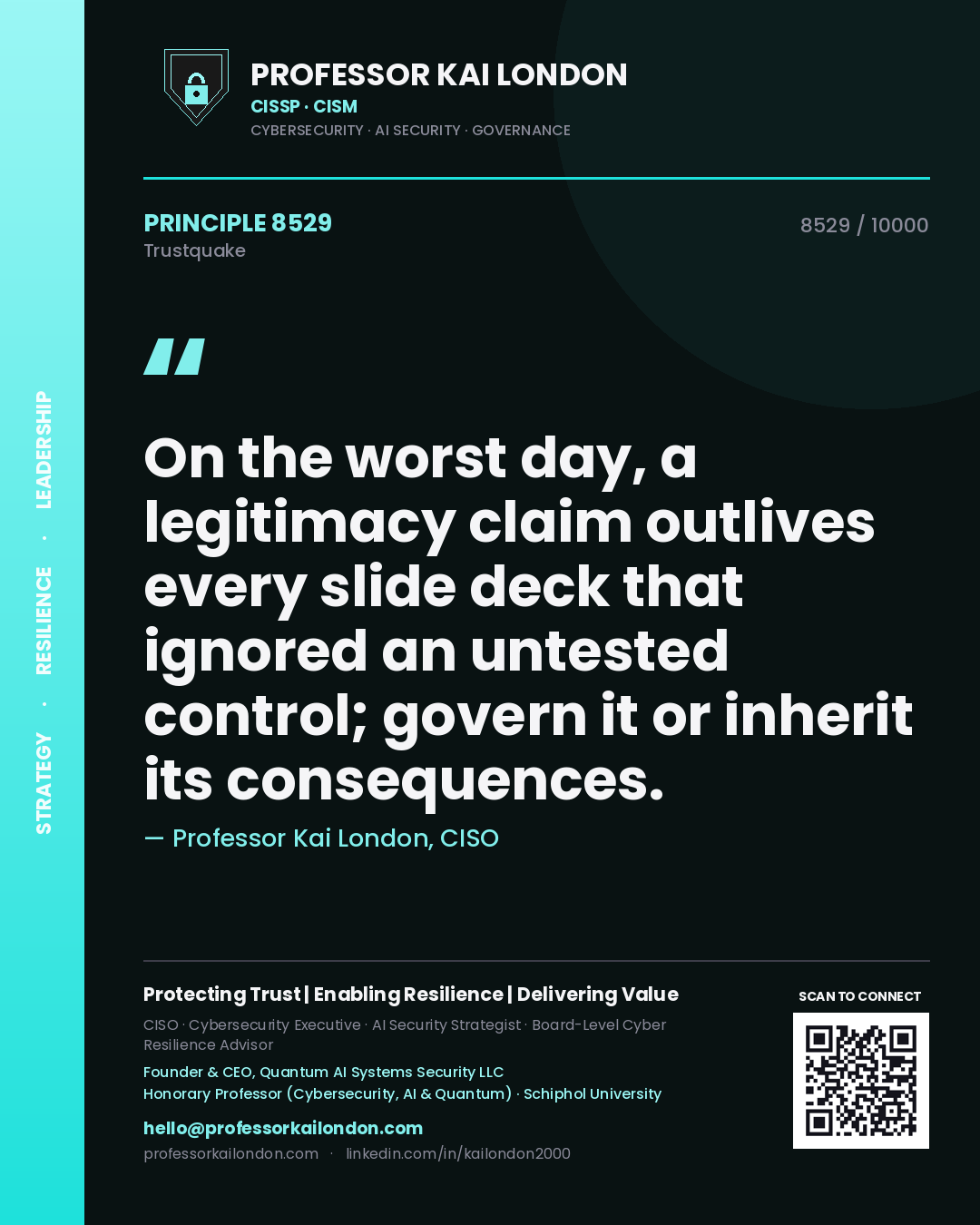 Professor Kai London principle 8529: On the worst day, a legitimacy claim outlives every slide deck that ignored an untested control; govern it or inherit its consequences.