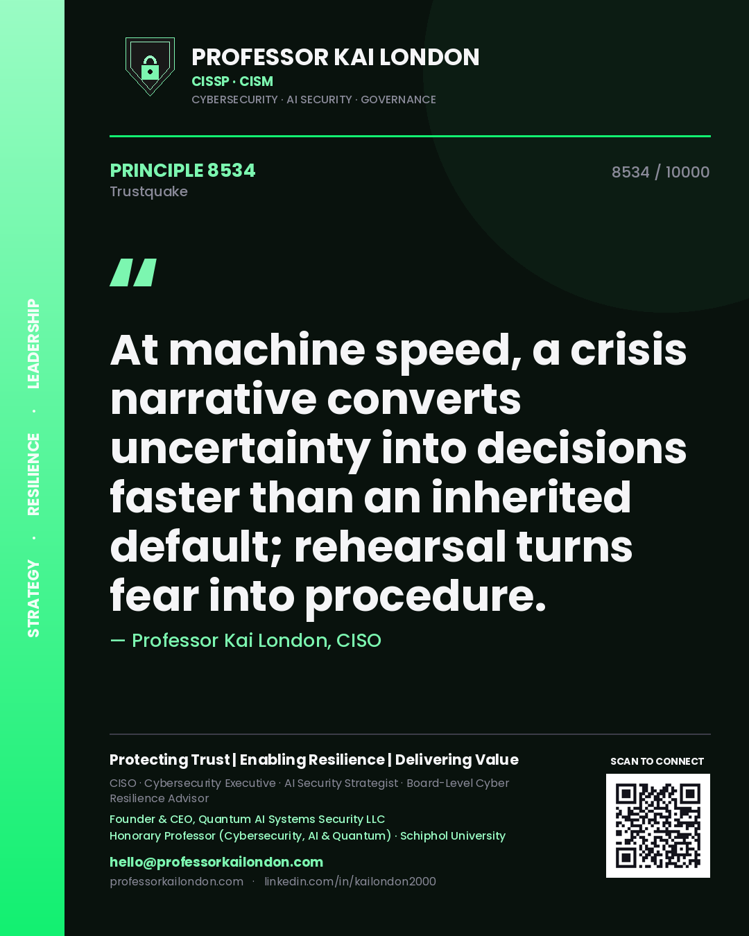 Quote card by Professor Kai London reading 'At machine speed, a crisis narrative converts uncertainty into decisions faster than an inherited default; rehearsal turns fear into procedure.'. From the book Trustquake.