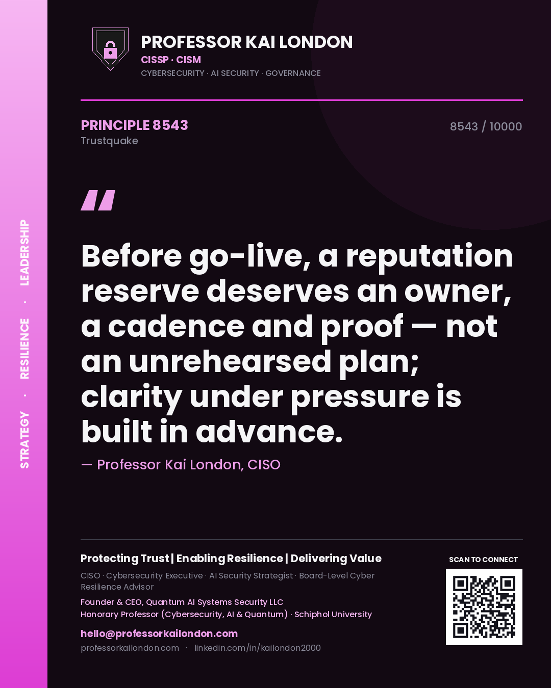Quote card by Professor Kai London reading 'Before go-live, a reputation reserve deserves an owner, a cadence and proof — not an unrehearsed plan; clarity under pressure is built in advance.'. From the book Trustquake.