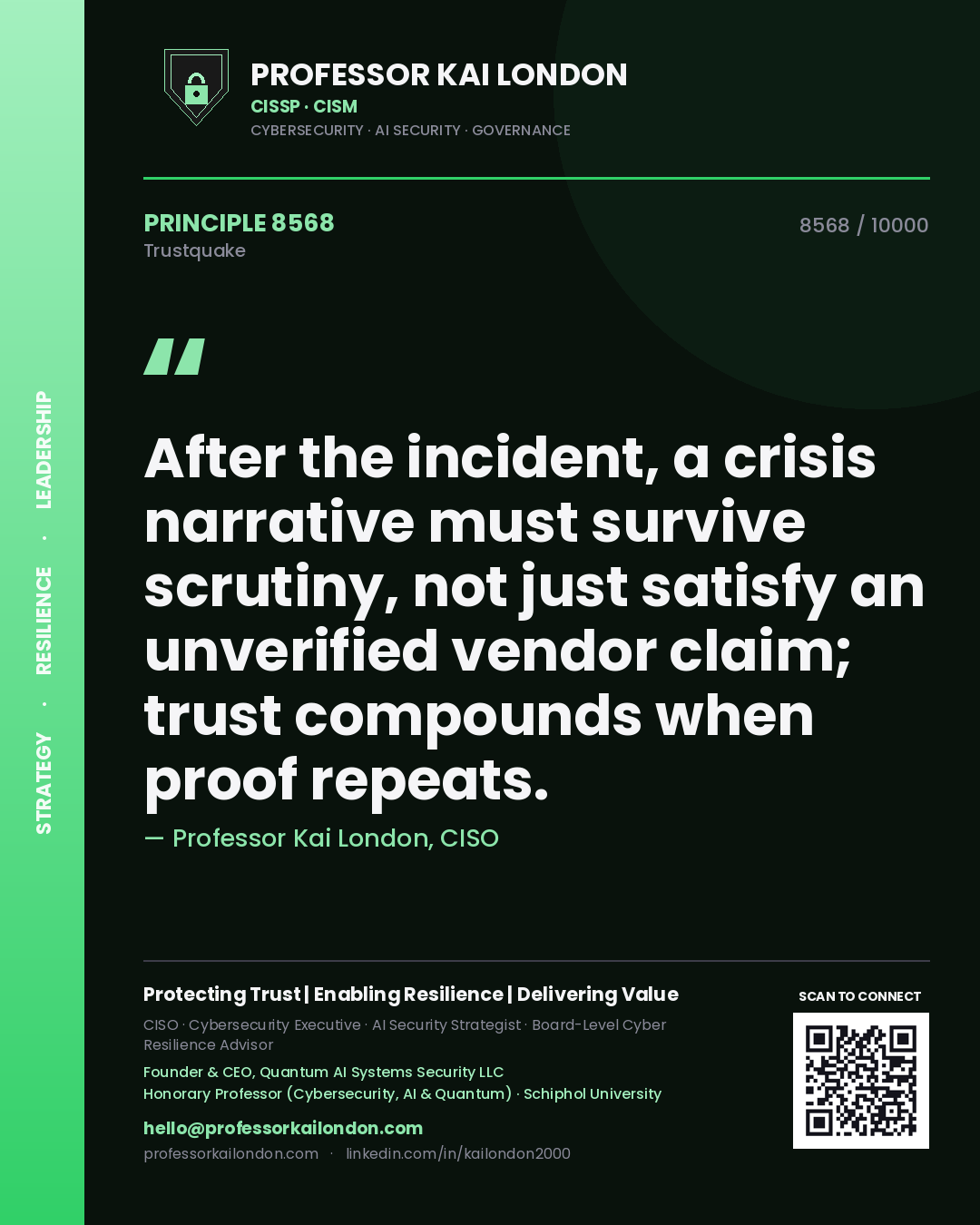 Quote card by Professor Kai London reading 'After the incident, a crisis narrative must survive scrutiny, not just satisfy an unverified vendor claim; trust compounds when proof repeats.'. From the book Trustquake.