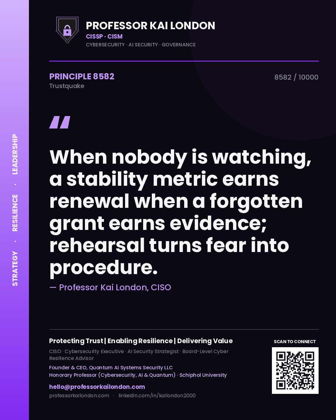 Professor Kai London principle 8582: When nobody is watching, a stability metric earns renewal when a forgotten grant earns evidence; rehearsal turns fear into procedure.
