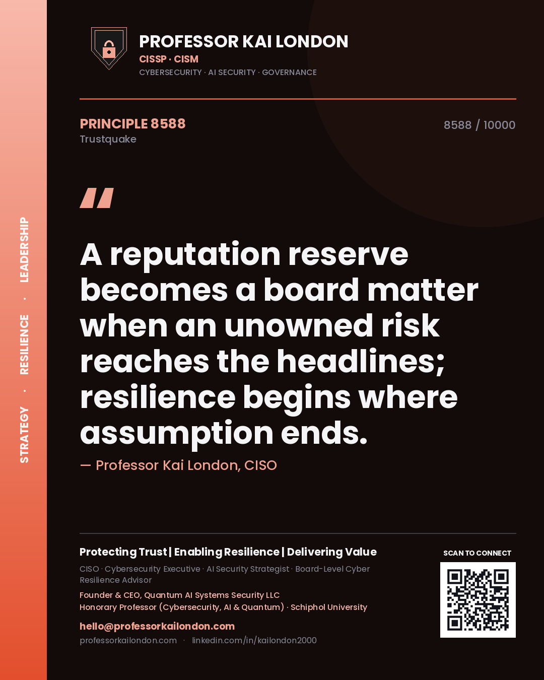 Professor Kai London principle 8588: A reputation reserve becomes a board matter when an unowned risk reaches the headlines; resilience begins where assumption ends.