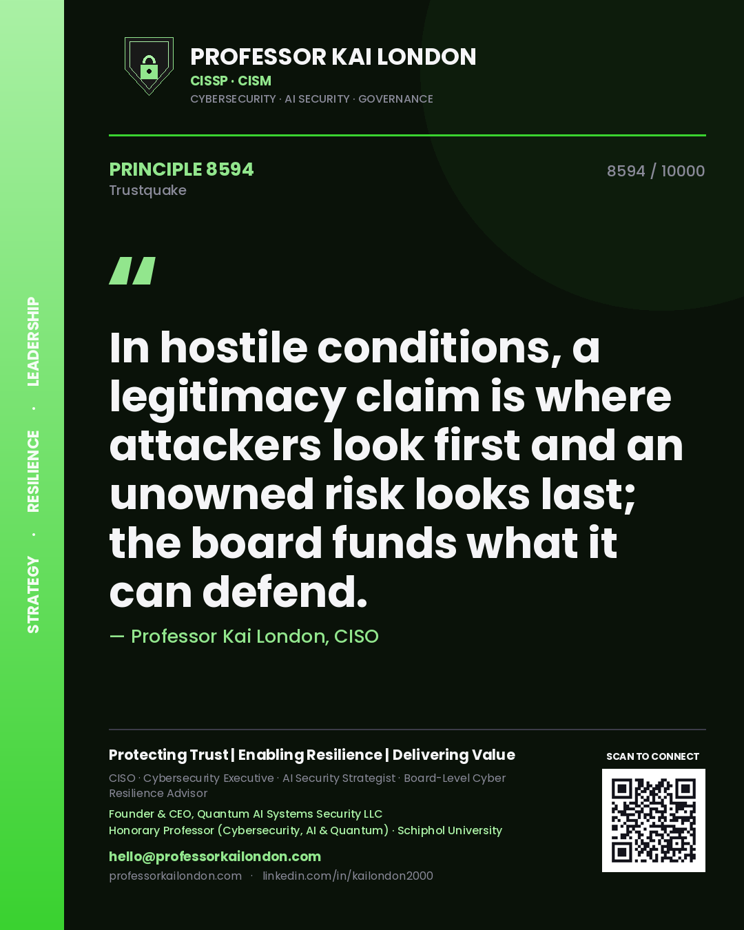 Quote card by Professor Kai London reading 'In hostile conditions, a legitimacy claim is where attackers look first and an unowned risk looks last; the board funds what it can defend.'. From the book Trustquake.