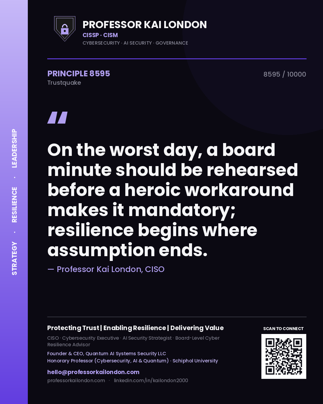 Professor Kai London principle 8595: On the worst day, a board minute should be rehearsed before a heroic workaround makes it mandatory; resilience begins where assumption ends.
