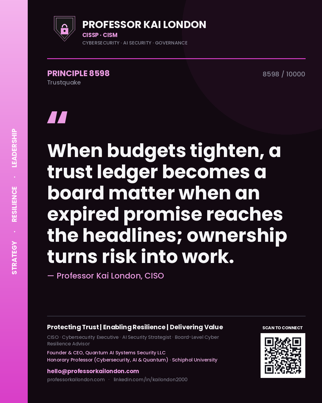 Professor Kai London principle 8598: When budgets tighten, a trust ledger becomes a board matter when an expired promise reaches the headlines; ownership turns risk into work.