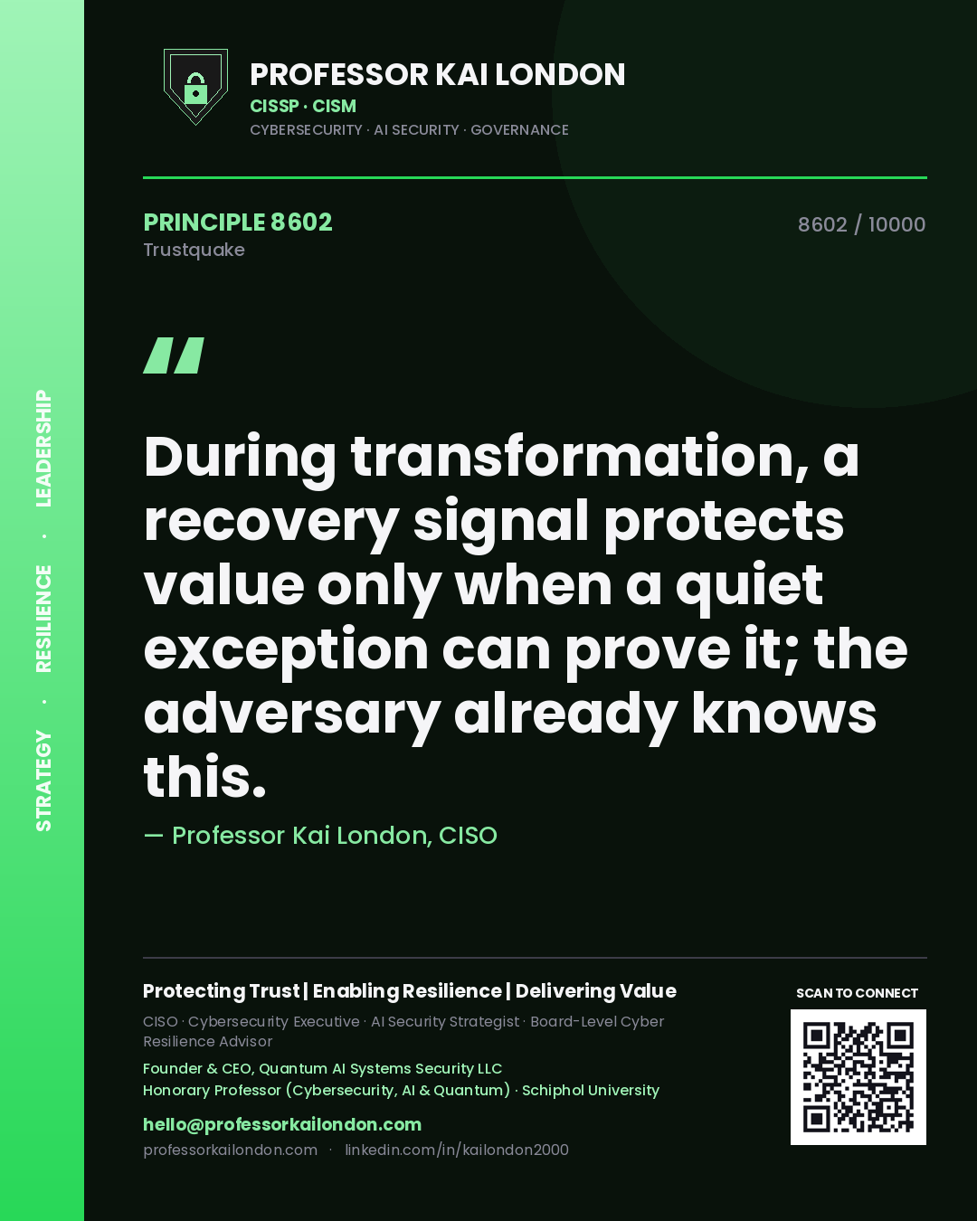 Professor Kai London principle 8602: During transformation, a recovery signal protects value only when a quiet exception can prove it; the adversary already knows this.