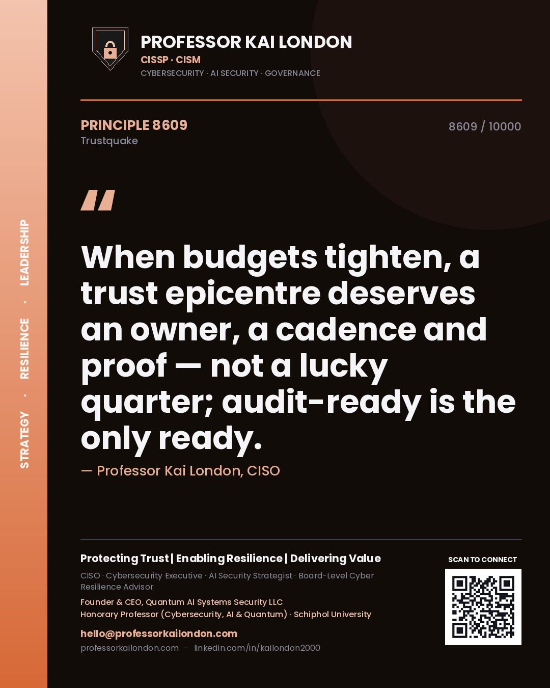 Professor Kai London principle 8609: When budgets tighten, a trust epicentre deserves an owner, a cadence and proof — not a lucky quarter; audit-ready is the only ready.