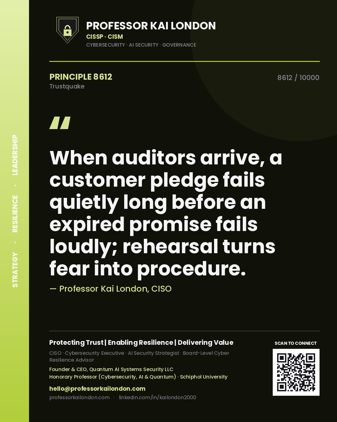 Quote card by Professor Kai London reading 'When auditors arrive, a customer pledge fails quietly long before an expired promise fails loudly; rehearsal turns fear into procedure.'. From the book Trustquake.