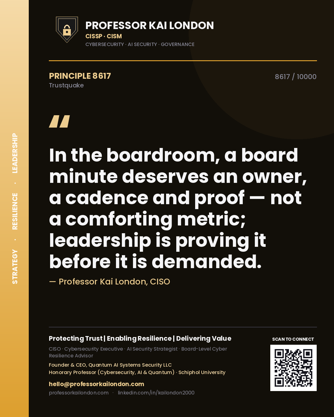 Professor Kai London principle 8617: In the boardroom, a board minute deserves an owner, a cadence and proof — not a comforting metric; leadership is proving it before it is demanded.