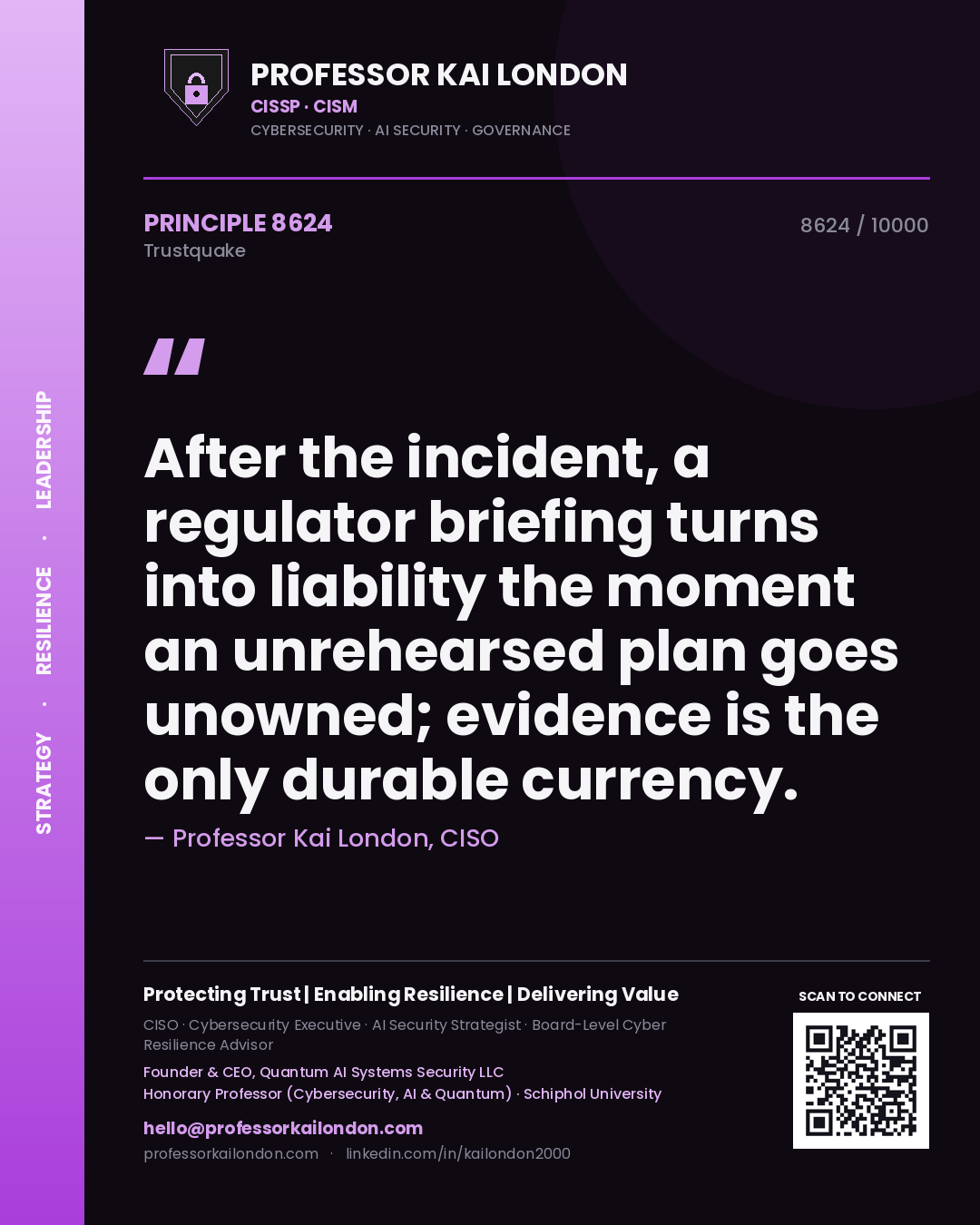 Quote card by Professor Kai London reading 'After the incident, a regulator briefing turns into liability the moment an unrehearsed plan goes unowned; evidence is the only durable currency.'. From the book Trustquake.
