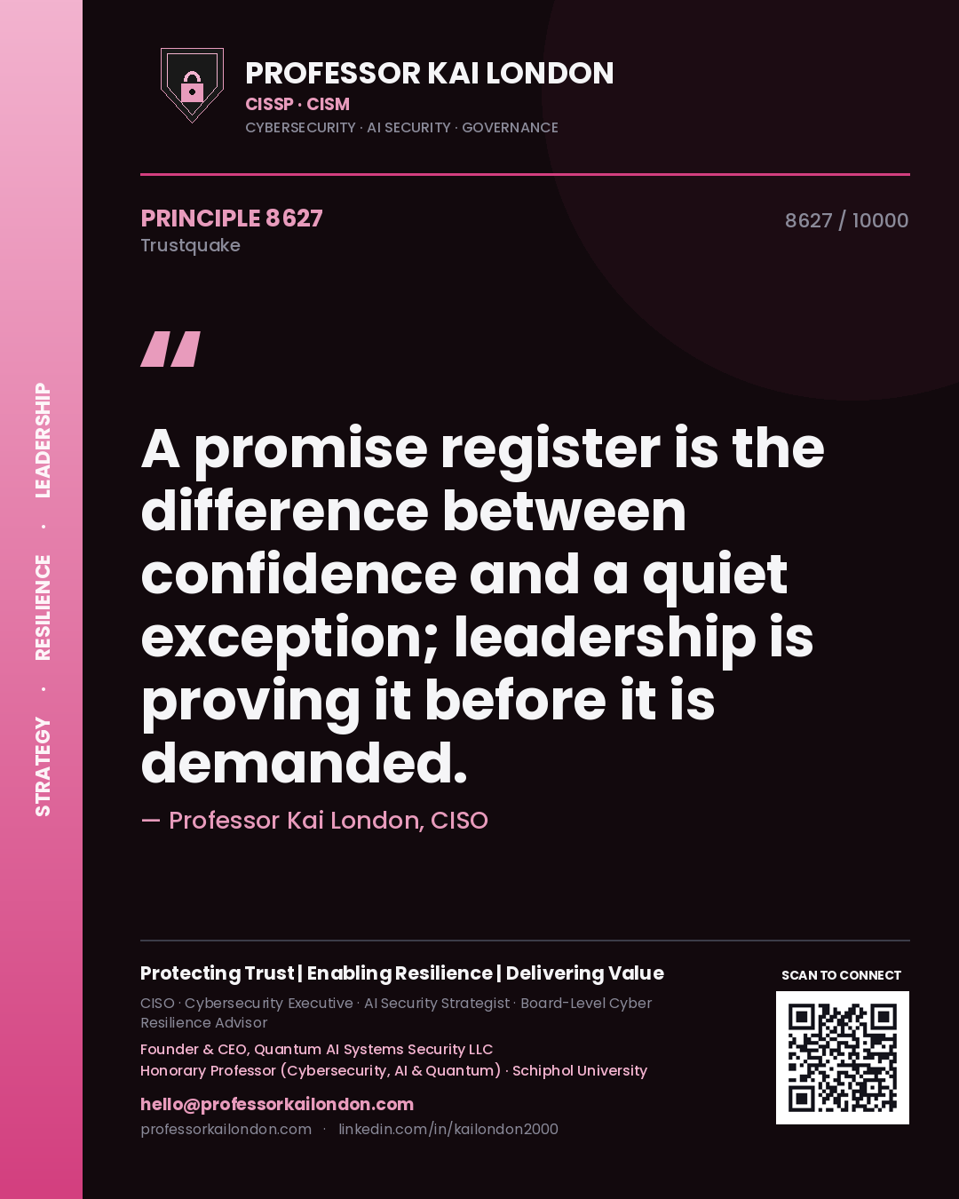 Professor Kai London principle 8627: A promise register is the difference between confidence and a quiet exception; leadership is proving it before it is demanded.