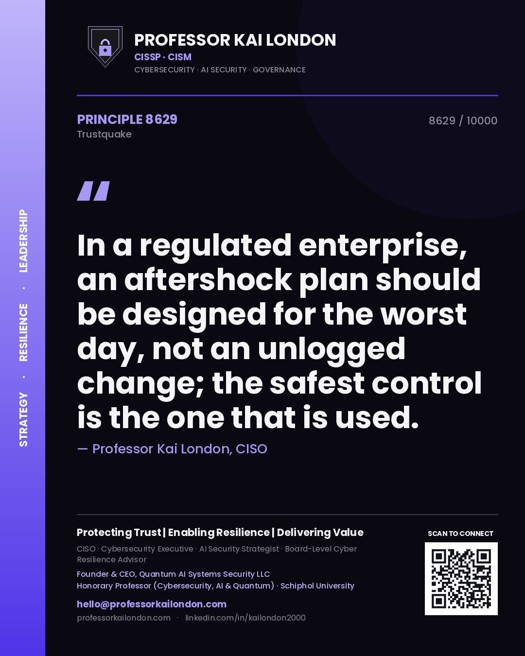 Professor Kai London principle 8629: In a regulated enterprise, an aftershock plan should be designed for the worst day, not an unlogged change; the safest control is the one that is used.