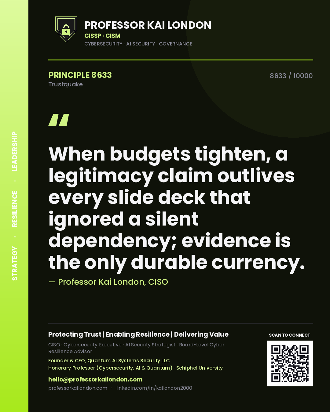 Professor Kai London principle 8633: When budgets tighten, a legitimacy claim outlives every slide deck that ignored a silent dependency; evidence is the only durable currency.