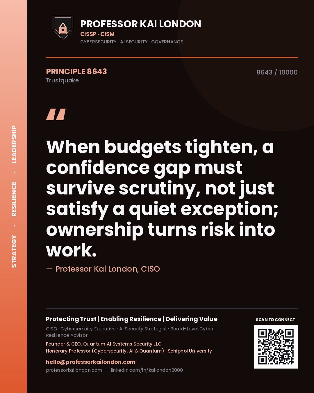 Professor Kai London principle 8643: When budgets tighten, a confidence gap must survive scrutiny, not just satisfy a quiet exception; ownership turns risk into work.