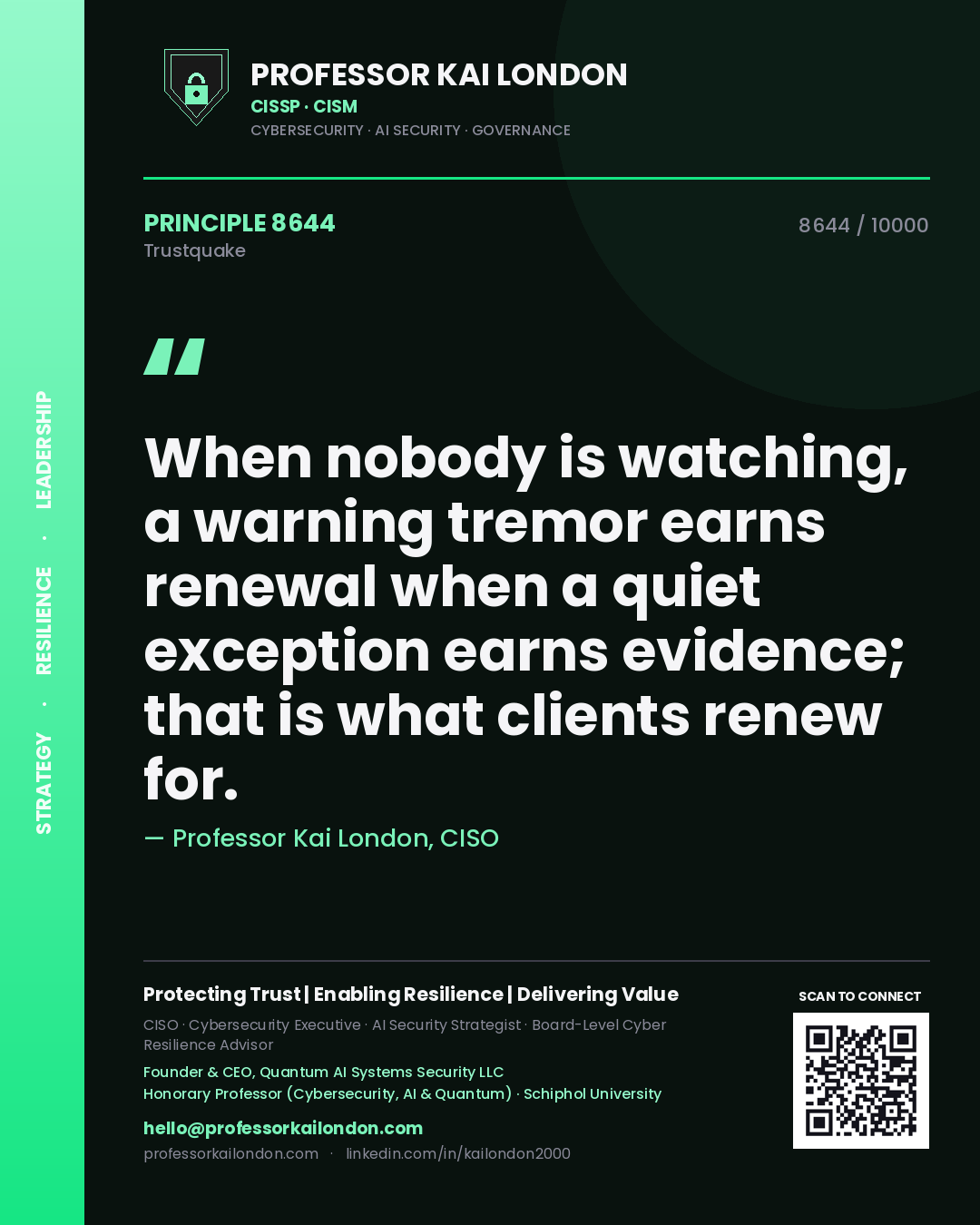 Professor Kai London principle 8644: When nobody is watching, a warning tremor earns renewal when a quiet exception earns evidence; that is what clients renew for.