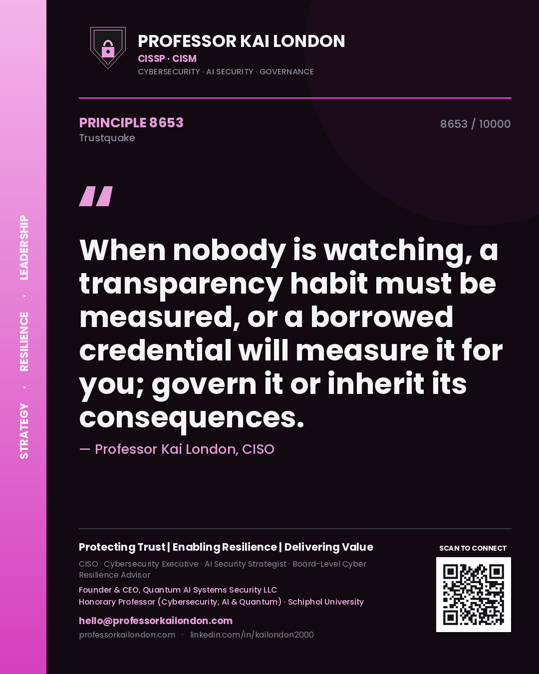 Quote card by Professor Kai London reading 'When nobody is watching, a transparency habit must be measured, or a borrowed credential will measure it for you; govern it or inherit its consequences.'. From the book Trustquake.