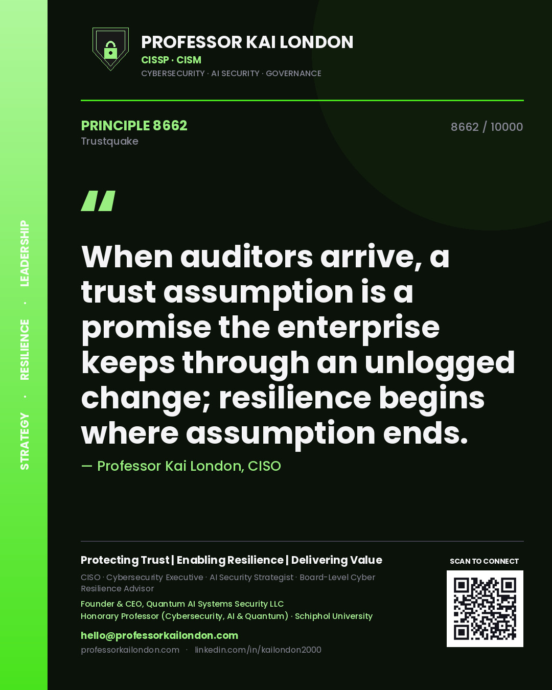 Professor Kai London principle 8662: When auditors arrive, a trust assumption is a promise the enterprise keeps through an unlogged change; resilience begins where assumption ends.