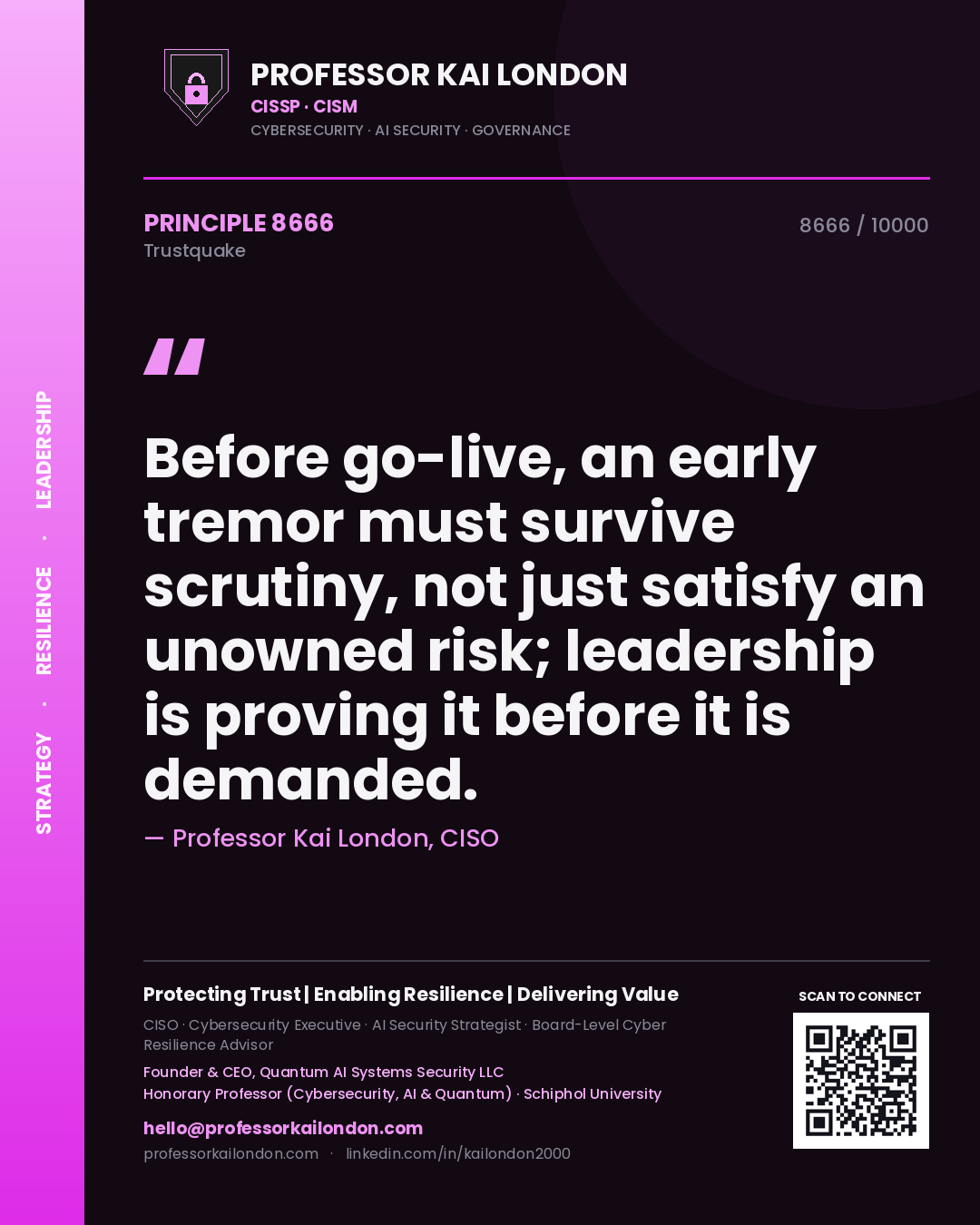Professor Kai London principle 8666: Before go-live, an early tremor must survive scrutiny, not just satisfy an unowned risk; leadership is proving it before it is demanded.