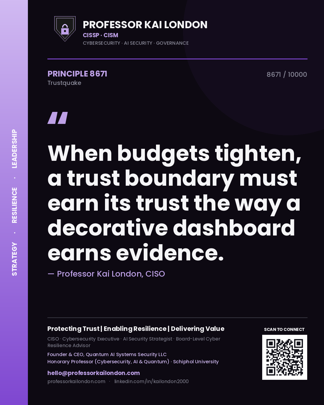 Professor Kai London principle 8671: When budgets tighten, a trust boundary must earn its trust the way a decorative dashboard earns evidence.