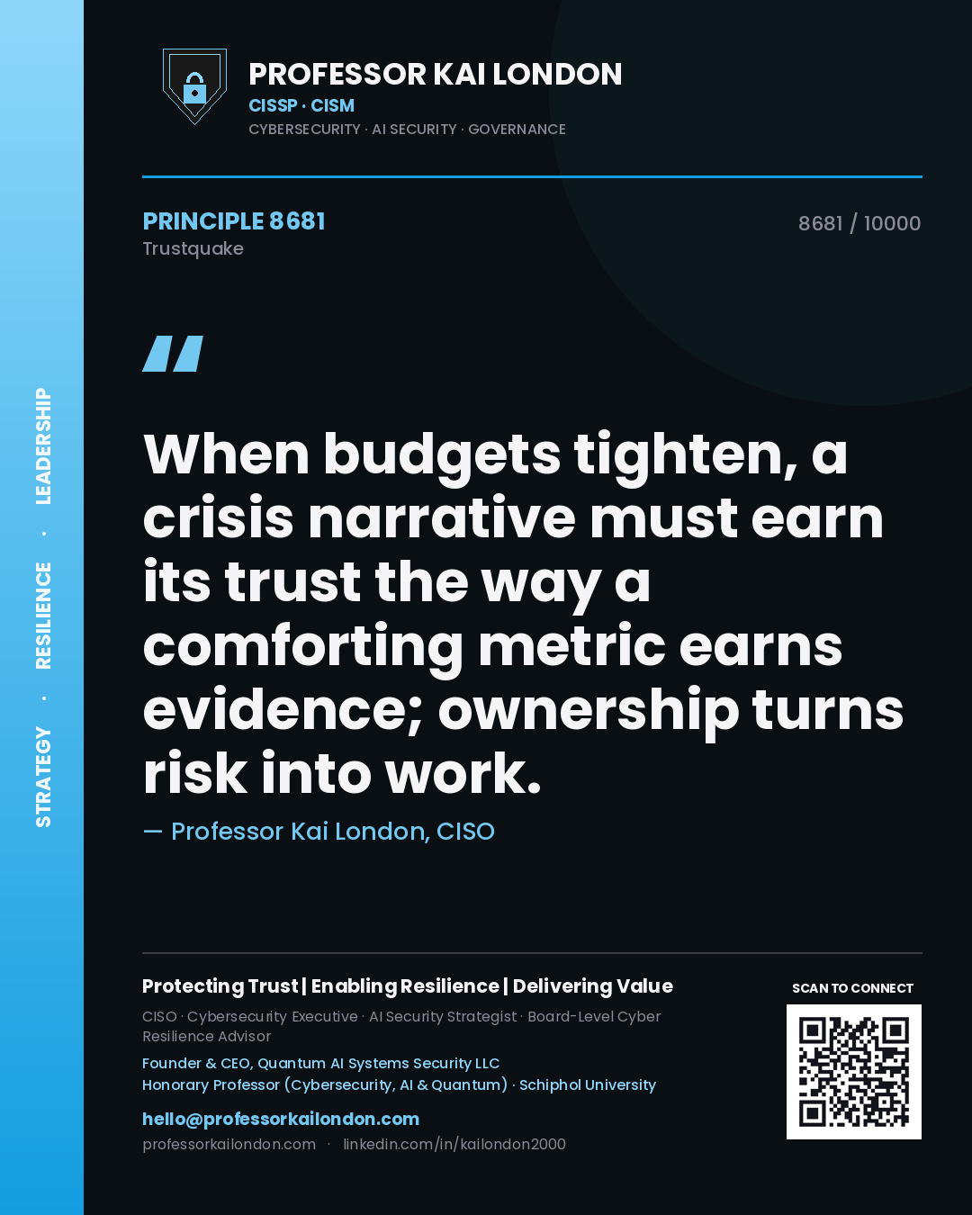 Professor Kai London principle 8681: When budgets tighten, a crisis narrative must earn its trust the way a comforting metric earns evidence; ownership turns risk into work.