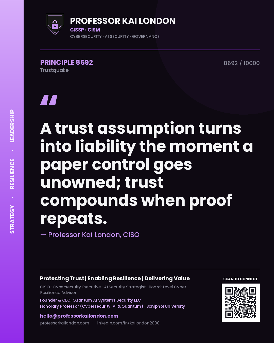 Quote card by Professor Kai London reading 'A trust assumption turns into liability the moment a paper control goes unowned; trust compounds when proof repeats.'. From the book Trustquake.