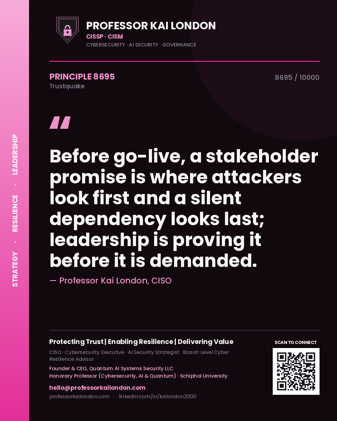 Professor Kai London principle 8695: Before go-live, a stakeholder promise is where attackers look first and a silent dependency looks last; leadership is proving it before it is demanded.