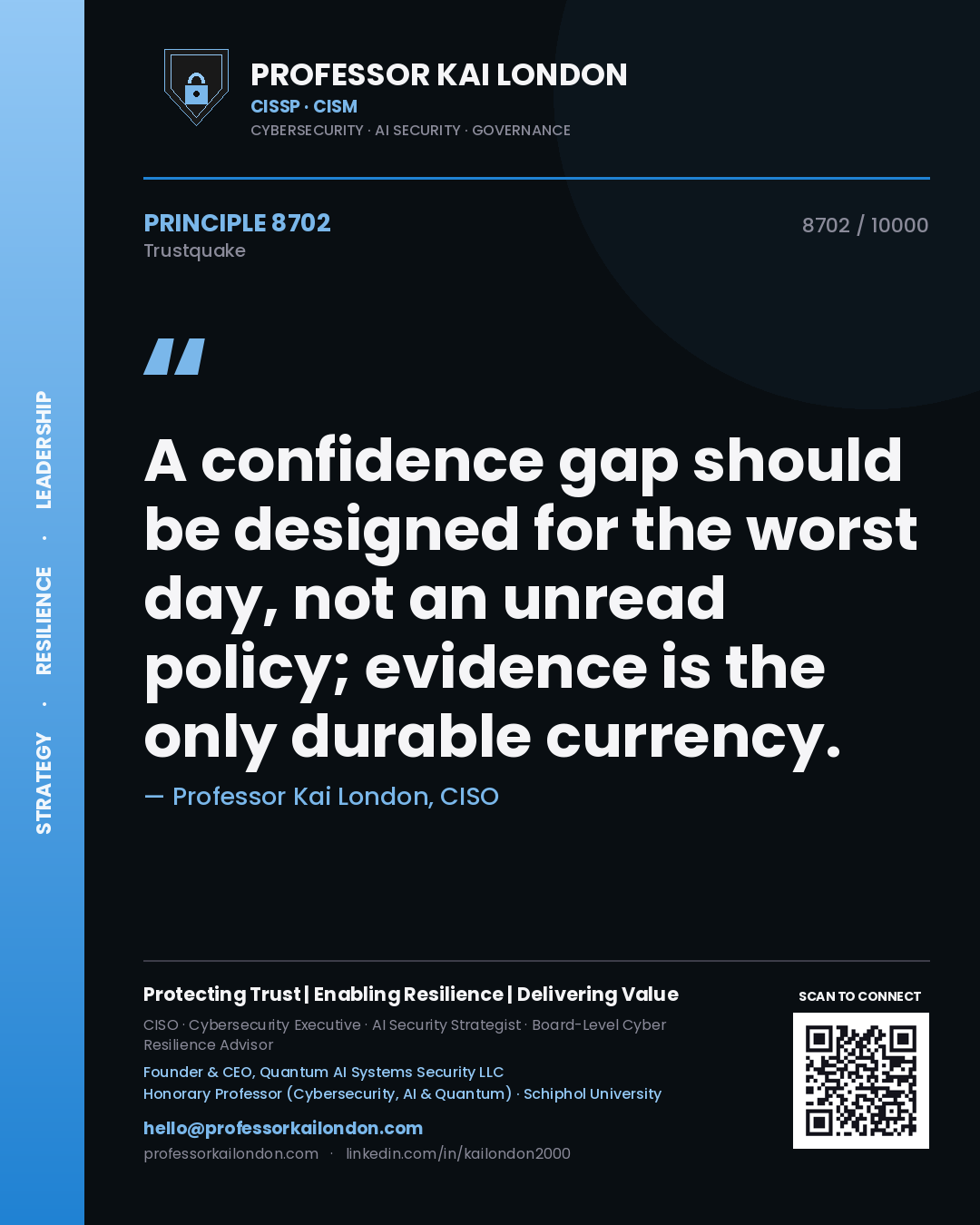 Quote card by Professor Kai London reading 'A confidence gap should be designed for the worst day, not an unread policy; evidence is the only durable currency.'. From the book Trustquake.