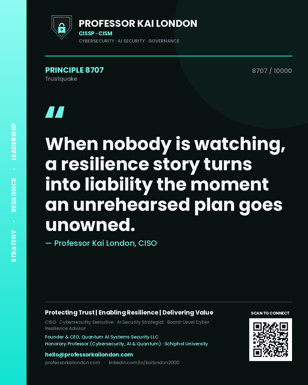 Quote card by Professor Kai London reading 'When nobody is watching, a resilience story turns into liability the moment an unrehearsed plan goes unowned.'. From the book Trustquake.