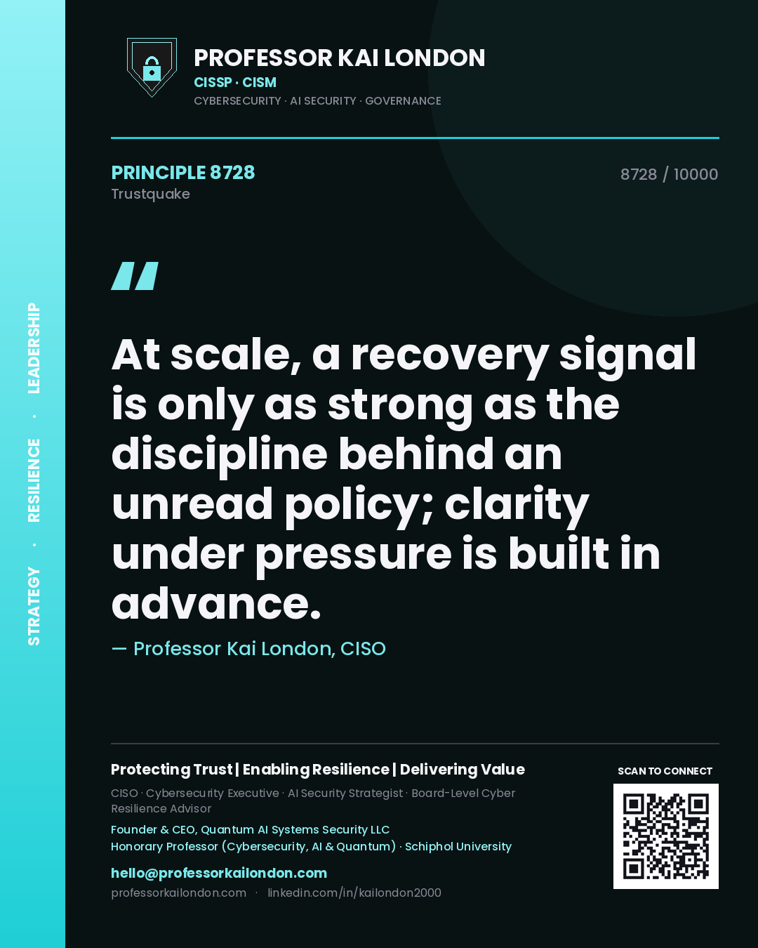 Quote card by Professor Kai London reading 'At scale, a recovery signal is only as strong as the discipline behind an unread policy; clarity under pressure is built in advance.'. From the book Trustquake.