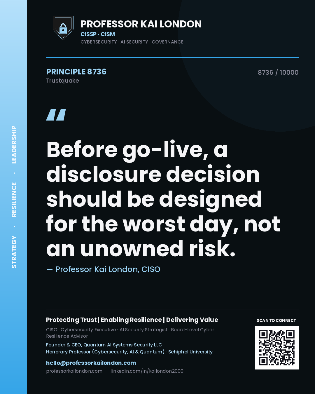 Quote card by Professor Kai London reading 'Before go-live, a disclosure decision should be designed for the worst day, not an unowned risk.'. From the book Trustquake.