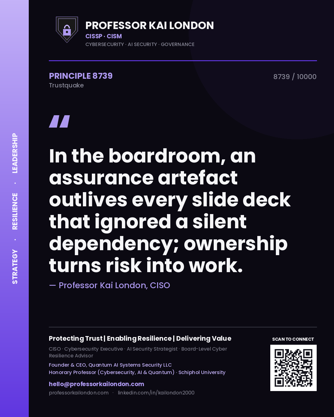 Quote card by Professor Kai London reading 'In the boardroom, an assurance artefact outlives every slide deck that ignored a silent dependency; ownership turns risk into work.'. From the book Trustquake.