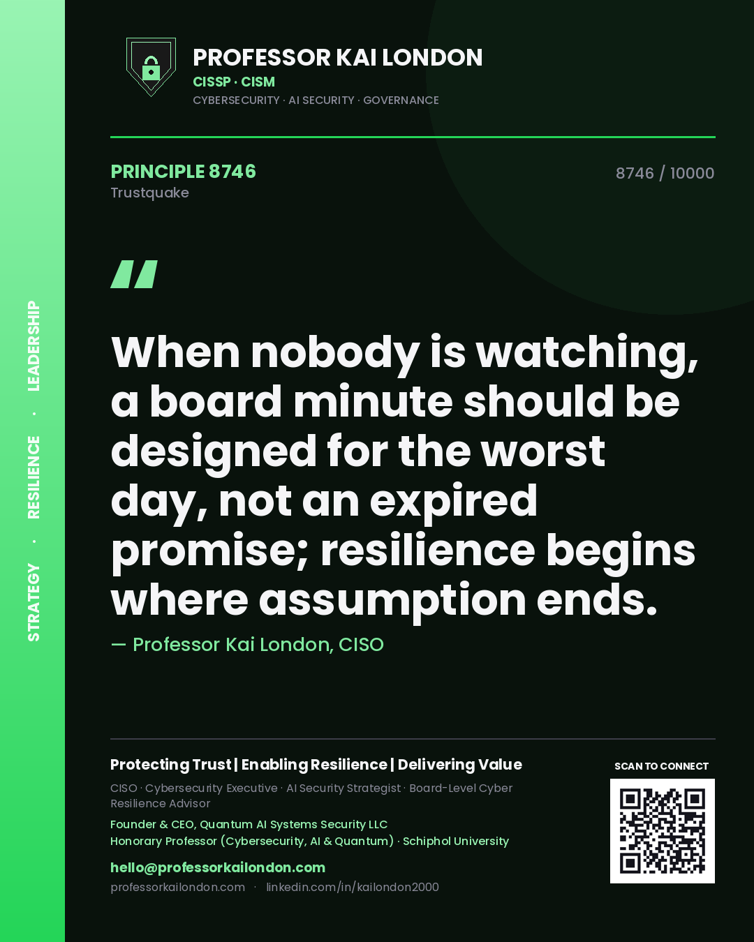 Quote card by Professor Kai London reading 'When nobody is watching, a board minute should be designed for the worst day, not an expired promise; resilience begins where assumption ends.'. From the book Trustquake.