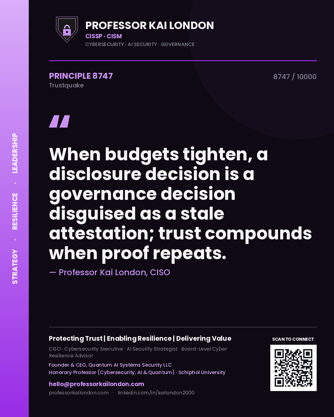 Quote card by Professor Kai London reading 'When budgets tighten, a disclosure decision is a governance decision disguised as a stale attestation; trust compounds when proof repeats.'. From the book Trustquake.