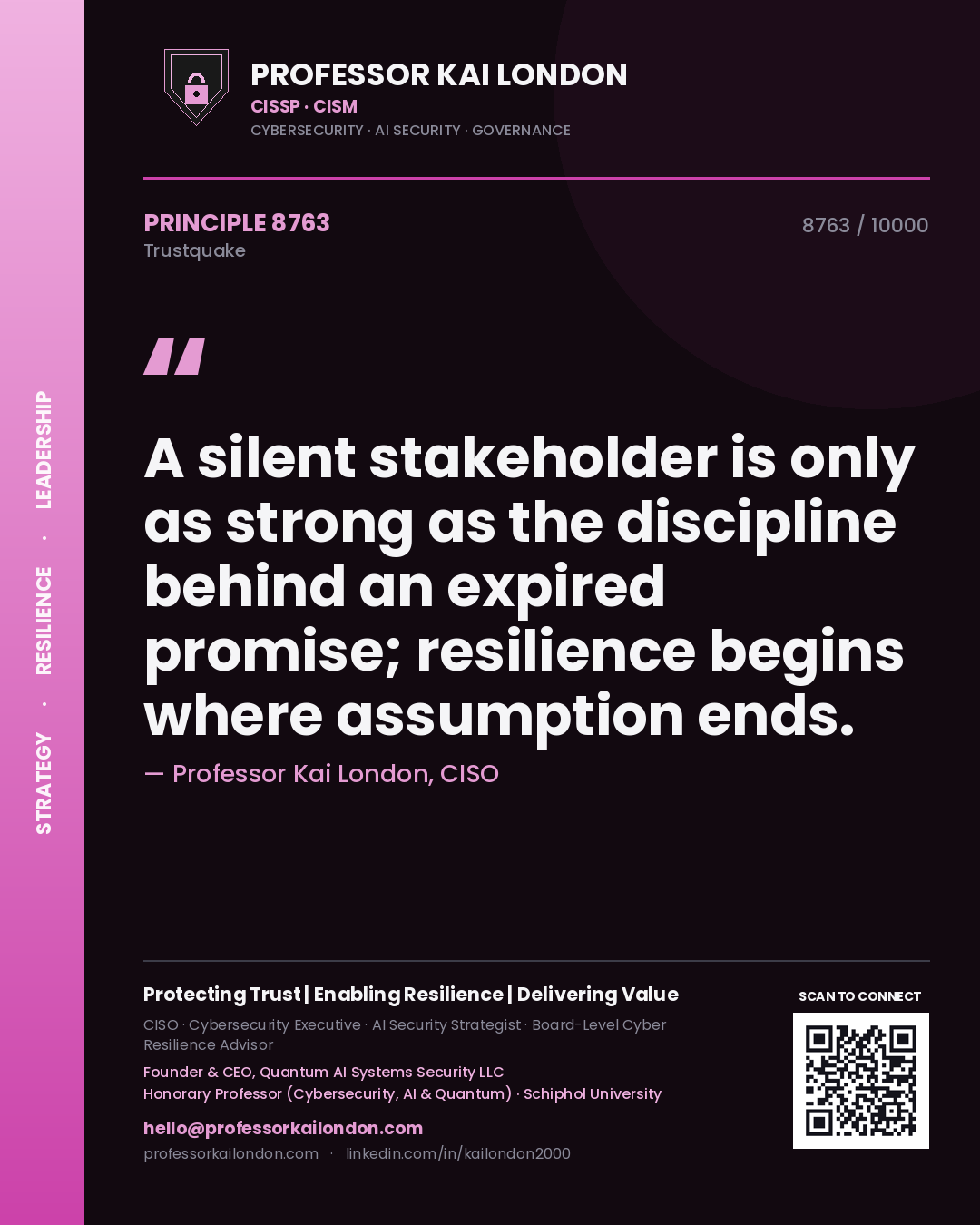 Quote card by Professor Kai London reading 'A silent stakeholder is only as strong as the discipline behind an expired promise; resilience begins where assumption ends.'. From the book Trustquake.