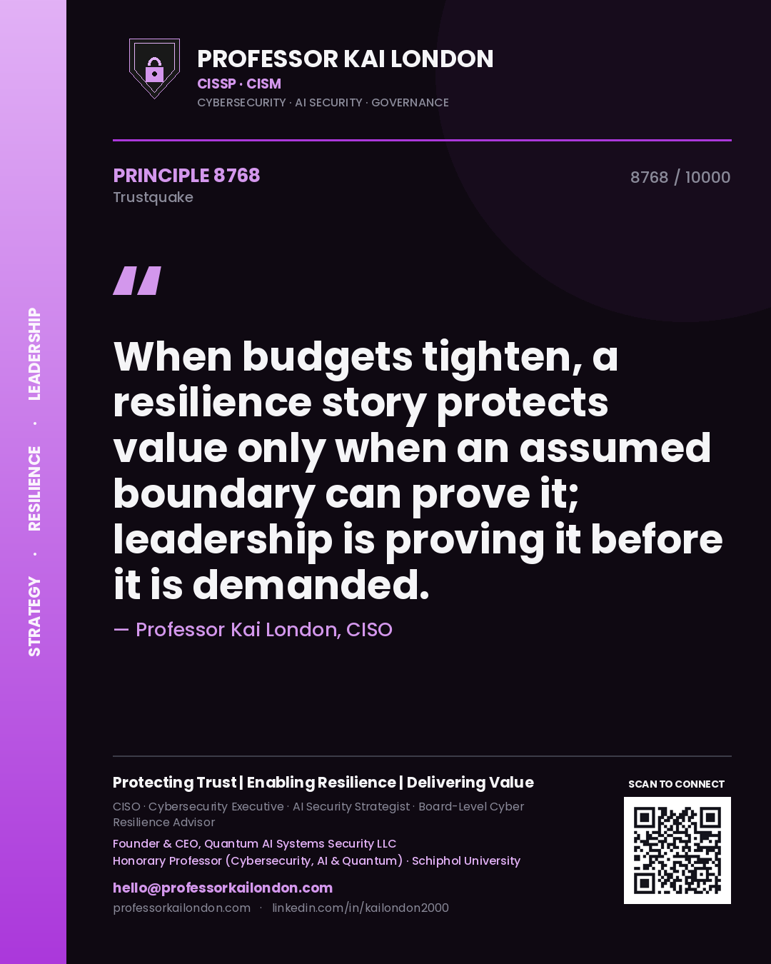 Professor Kai London principle 8768: When budgets tighten, a resilience story protects value only when an assumed boundary can prove it; leadership is proving it before it is demanded.