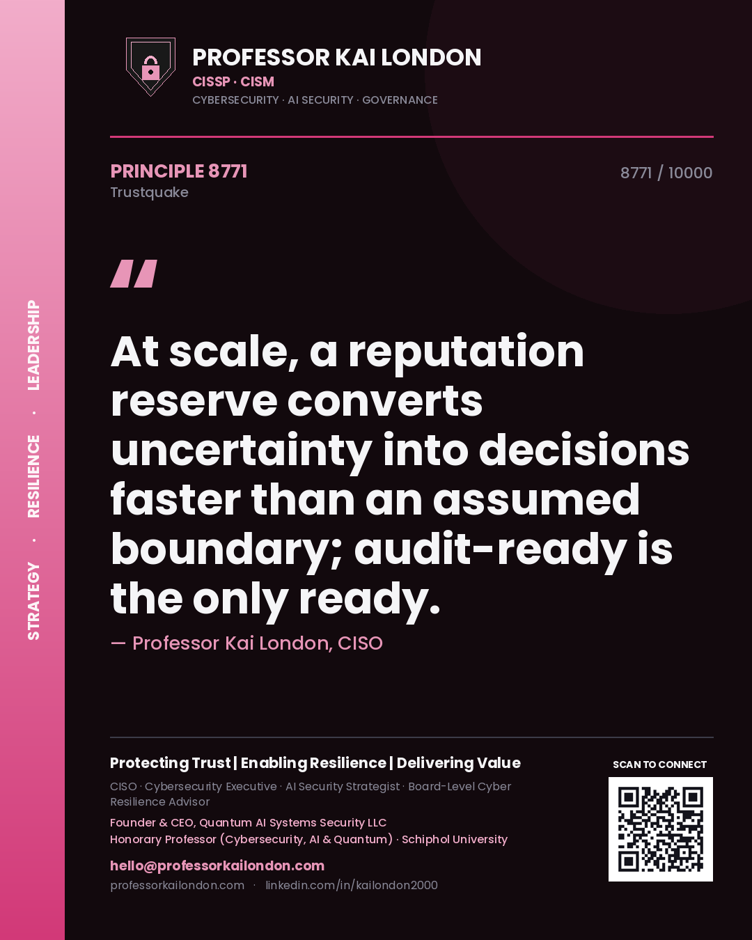 Quote card by Professor Kai London reading 'At scale, a reputation reserve converts uncertainty into decisions faster than an assumed boundary; audit-ready is the only ready.'. From the book Trustquake.